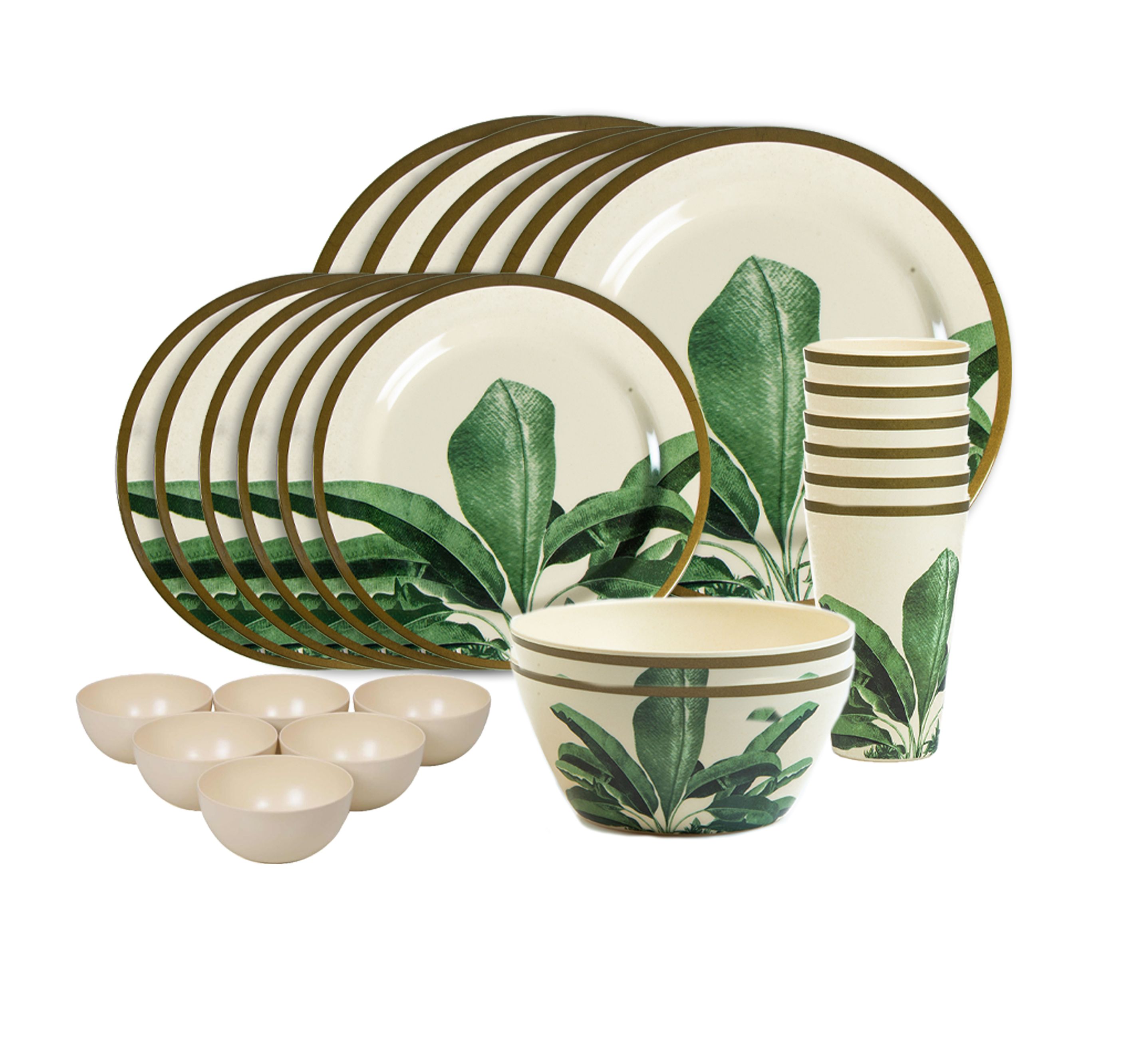 Social Emall Truly Eco Dinnerware Set Bamboo Dinner Set Reusable Dishwasher Safe Eco Friendly Non Toxic Dinner Plates Green Leaf Designed 5 Large 5 Small Plates 6 Tumblers 2 Large Bowls 6 Plain Kator...